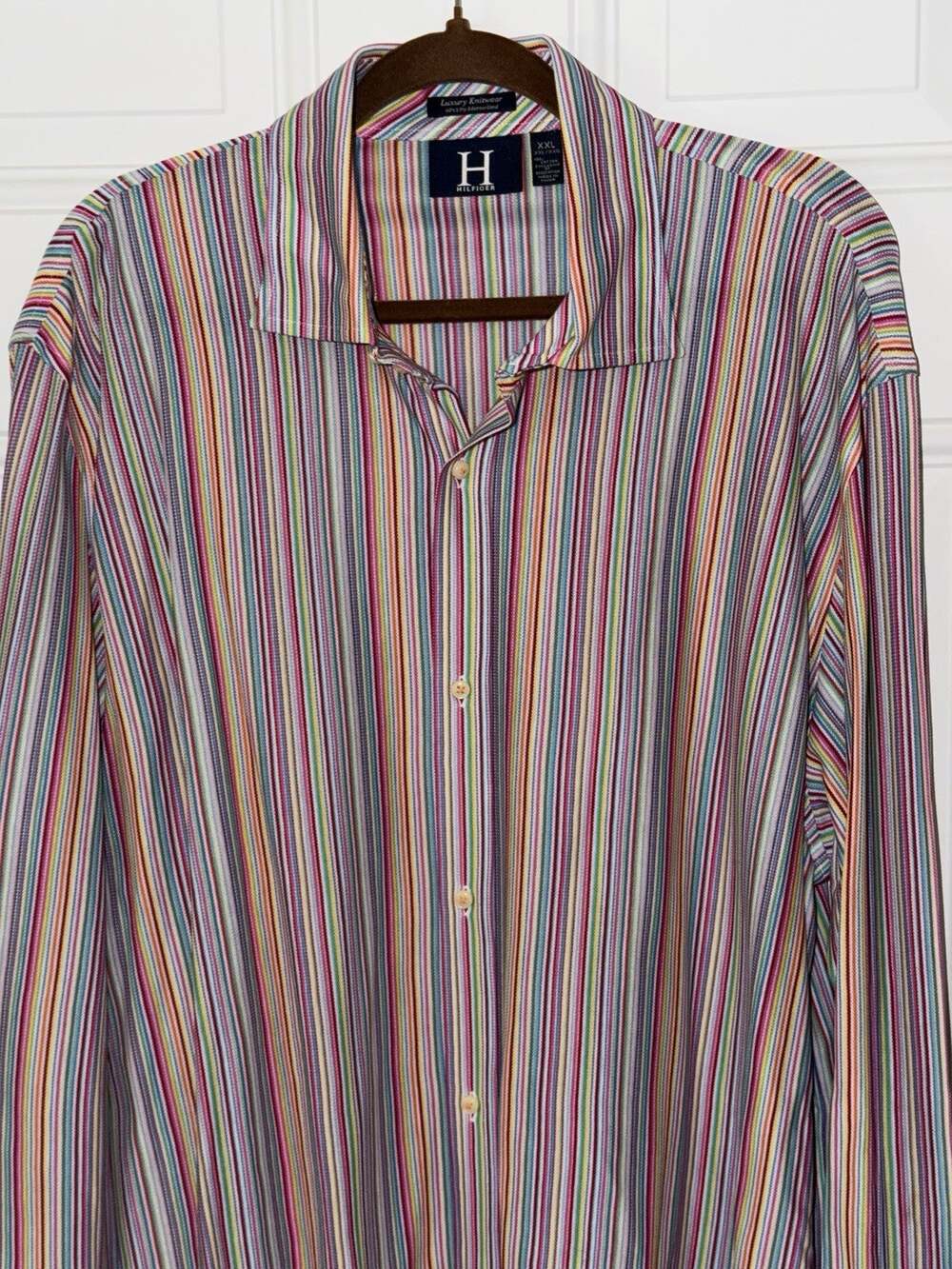 Hilfiger Luxury Knitwear Men's Knit Cotton Striped Button-Down Shirt XXL